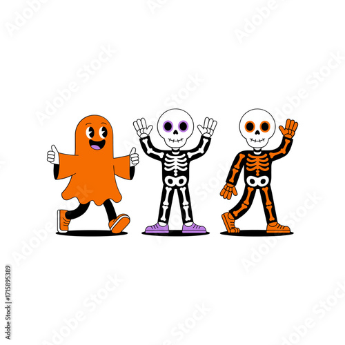 Funny Halloween friends, orange ghost, two dancing skeletons, cheerful expressions, minimal white background, kids party design, vector illustration