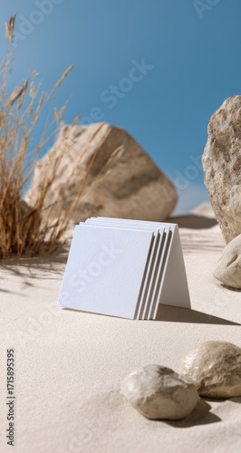 Blank cards on sandy beach, desert scene