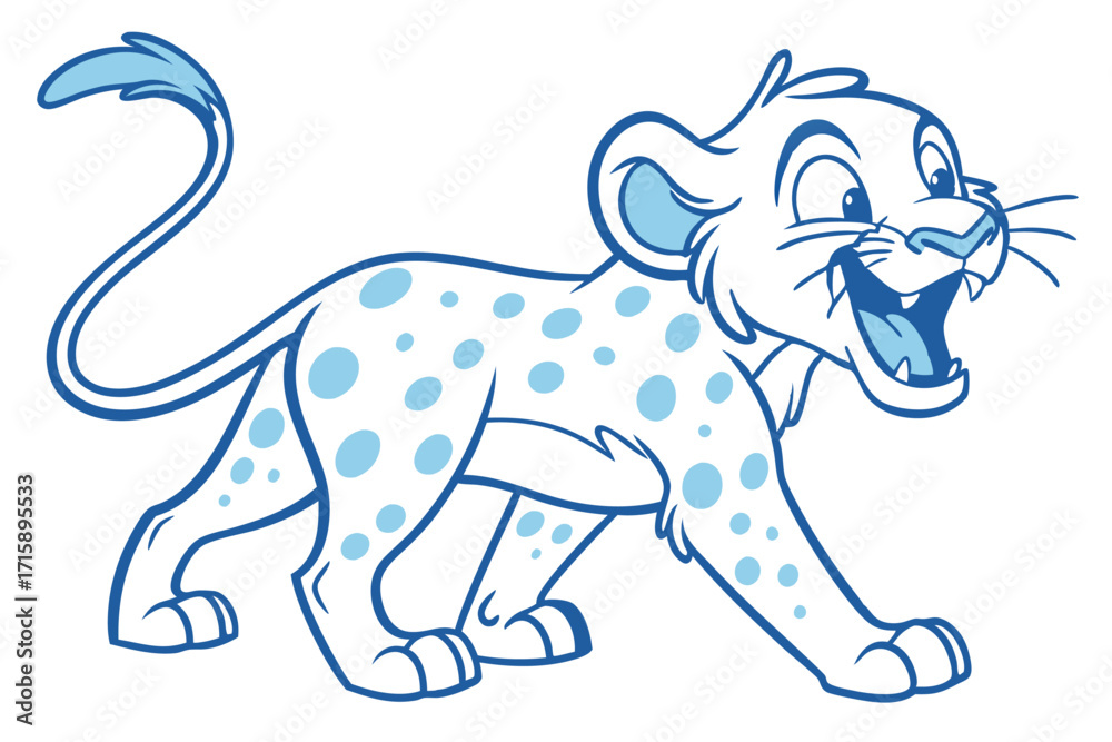 Fototapeta premium Playful Snow Leopard Cartoon with Spots Walking on White Background Drawing