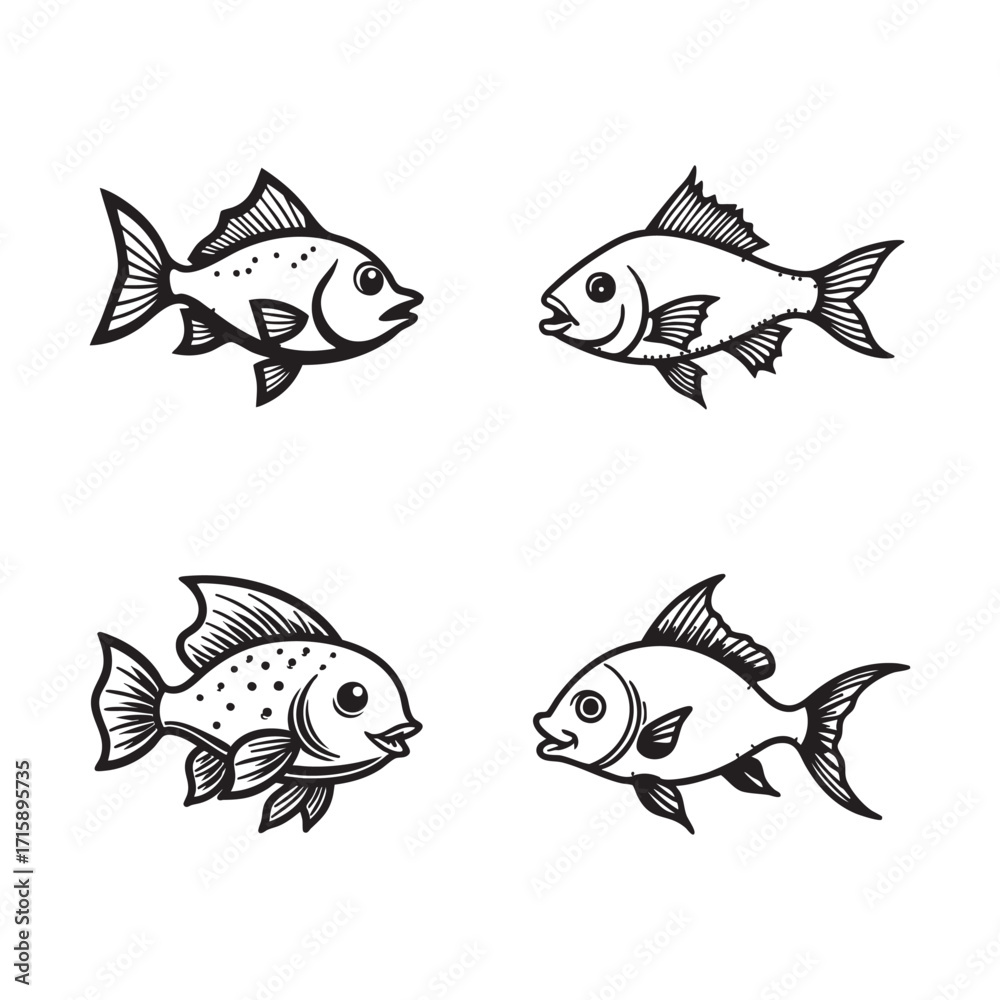 Fototapeta premium simple cartoon fish outline illustration black minimalist line art vector
