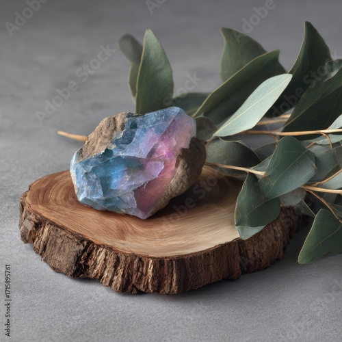 A vibrant, multicolored gemstone sits on a wooden slice, surrounded by eucalyptus leaves