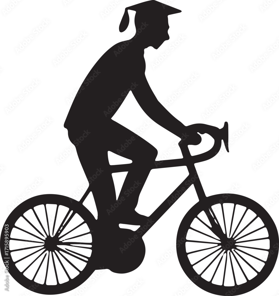 Obraz premium Silhouette of a Graduate Riding a Bicycle with Graduation Cap on Head Vector Illustration
