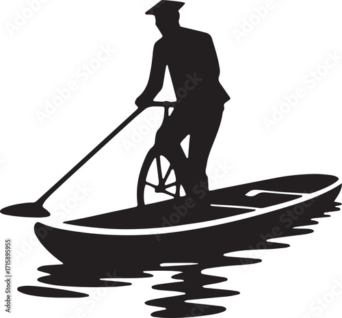 Silhouette of a Person Paddleboarding on a Lake at Sunset with Reflections and Water Ripples Vector