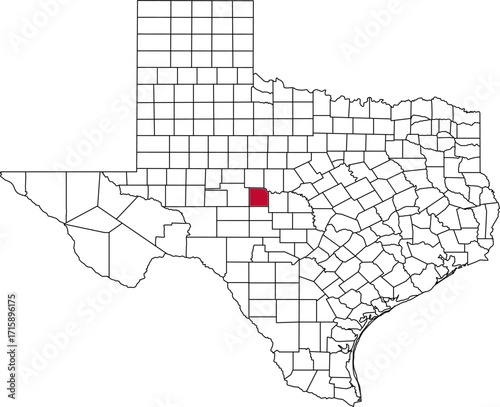 A vector map of Texas highlighting Concho County. Ideal for geographical studies, regional reports, and data visualization projects.


