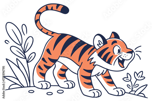 Playful Tiger Cub with Orange Stripes Standing near Plants on White Background