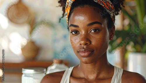 A young woman with a patterned headwrap exudes confidence and composure in a soft-lit indoor setting.