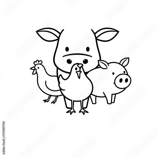 A charming cartoon illustration featuring a cow, pig, and two chickens.