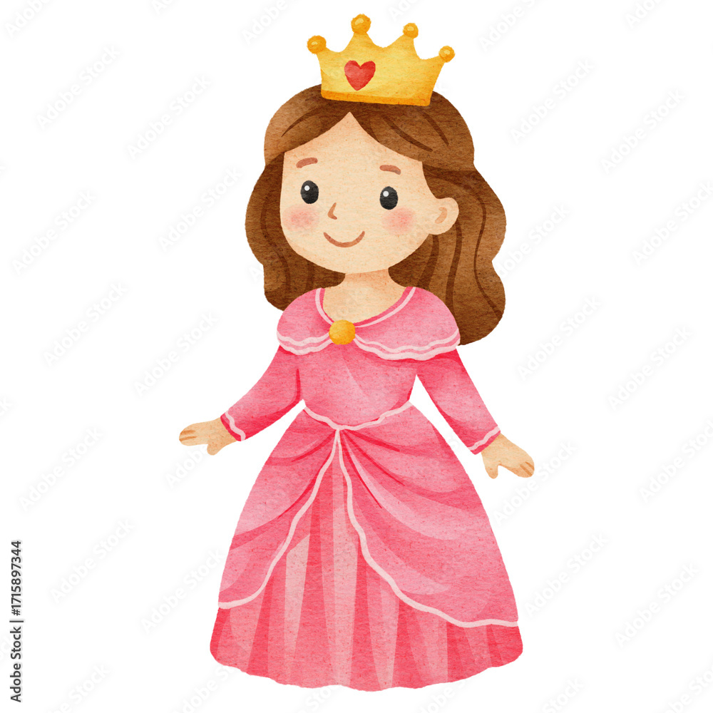 Fototapeta premium Watercolor illustration of a cute queen character with a golden crown. Adorable princess clipart for fairy tale themes, nursery decor, and girls' birthday parties.