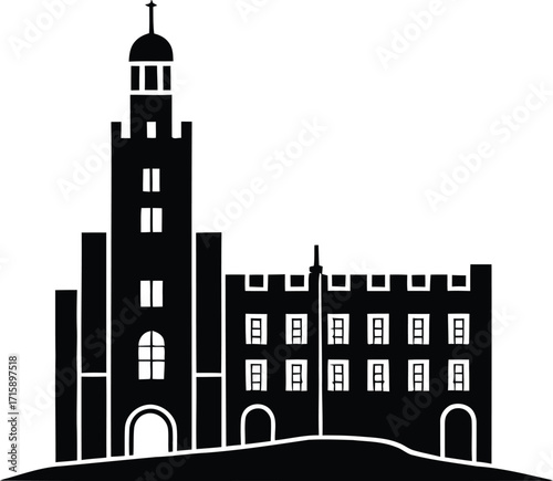 Silhouette of a Historic Building with Tower on a Transparent Background Vector Graphic