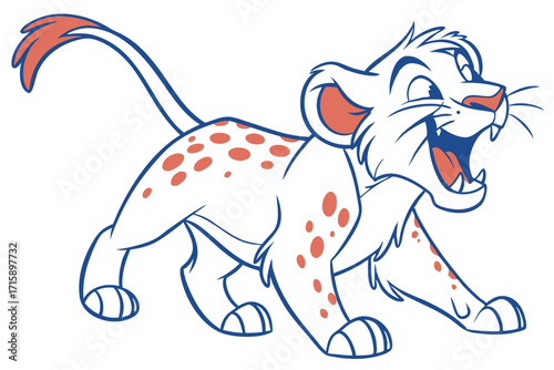 Roaring White Lion Cub Cartoon Character with Red Spots on White Background