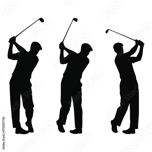 Three golfers in silhouette swinging clubs showing different stages of golf swing action silhouette