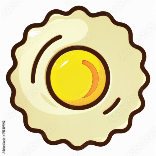Cartoon illustration of a fried egg with a bright yellow yolk and a wavy, browned edge.