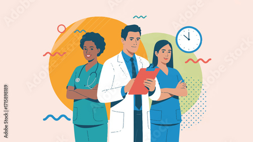 Vector art of diverse medical team with doctor and nurses standing together