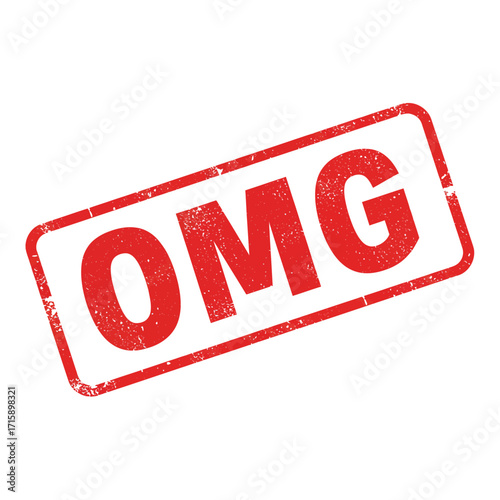 A distressed red rubber stamp displaying the acronym omg on white