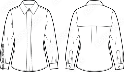Long sleeve shirt front and back view, fashion cad drawing flat vector illustration, clothing design template, technical garment sketch