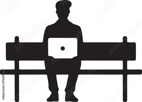 Person Sitting on Bench with Laptop Silhouette Outdoor Work Remote Office Digital Lifestyle Vector