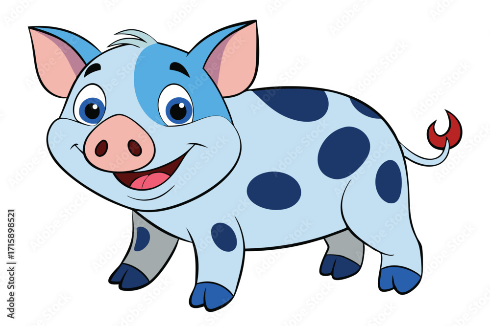 Fototapeta premium Smiling Blue Cartoon Pig with Dark Blue Spots on White Background