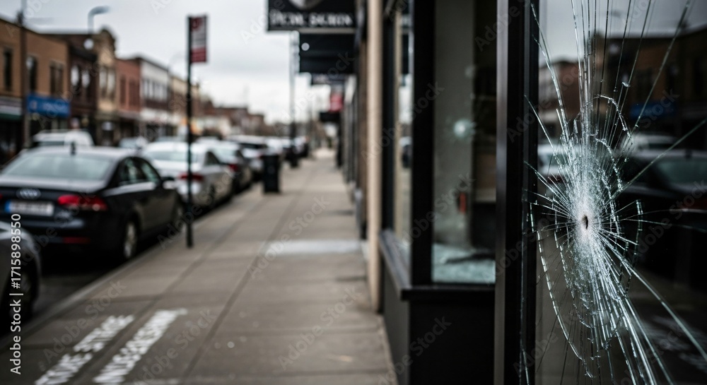 Obraz premium Shattered Storefront Window with Bullet Hole on Urban Street.