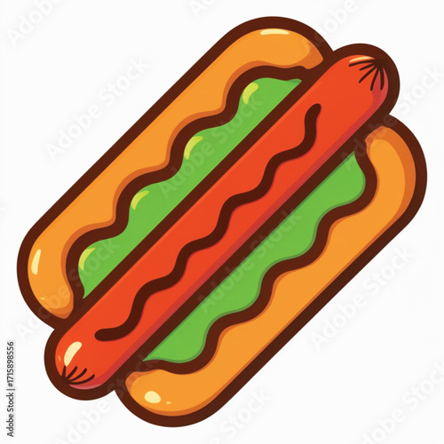 Cartoon illustration of a hot dog with mustard and relish.