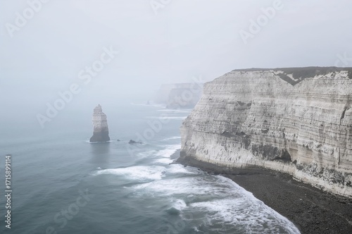 Wallpaper Mural Dramatische weiße Klippen an der Küste im Nebel mit Brandung und Felsturm Torontodigital.ca