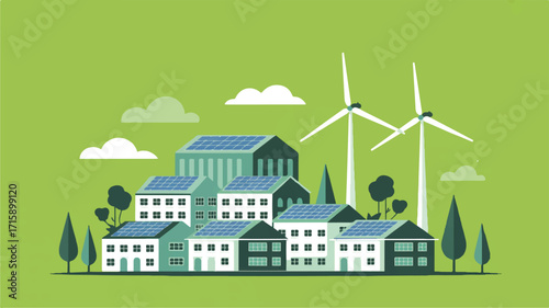 Vector art of ecofriendly houses with solar panels and wind turbines on green background