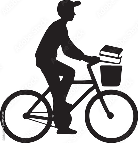 Silhouette of a Person Riding a Bicycle with Books in the Basket Transportation Education