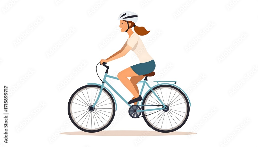 Obraz premium A vector illustration depicts a woman, clad in sporty attire, riding a light blue bicycle against a white background. She wears a helmet