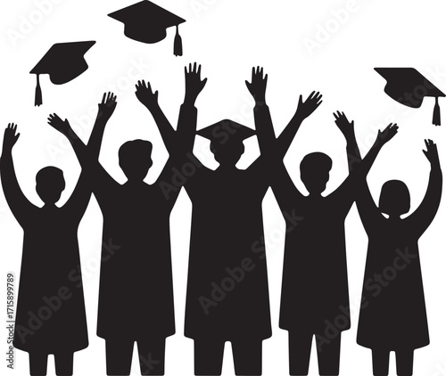Graduation Celebration Silhouette Vector Illustration with Students and Caps in the Air