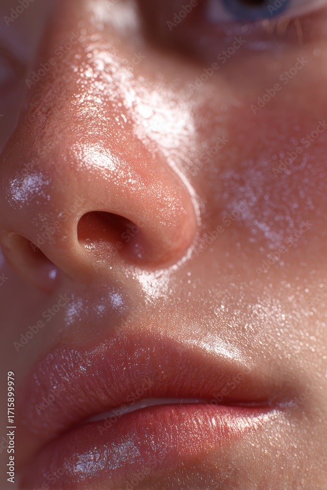 Fototapeta premium Close-up of human face with glistening skin texture, detailed focus on nose and lips, showcasing realistic skin pores, moisture, and natural beauty in high definition
