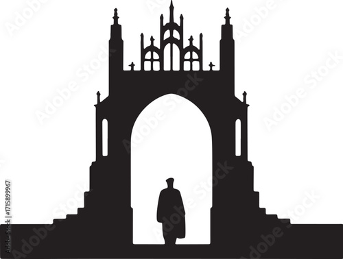 University Arch Silhouette Vector Illustration with Graduation Theme and Student Figure