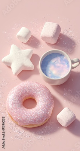 Pink treats and dreamy drink on pastel background