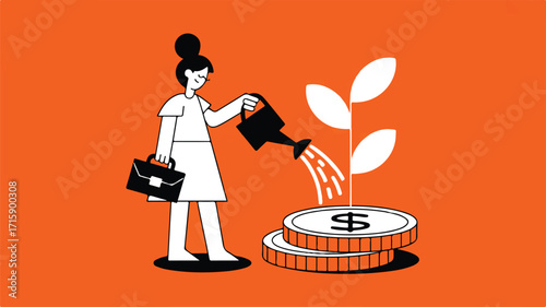 Vector art of woman watering money plant with coins and briefcase
