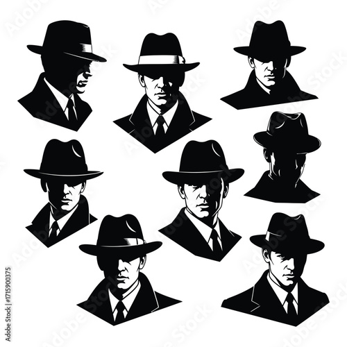Classic gangster silhouettes vintage fedora hats sharp suits retro men portraits collection silhouette