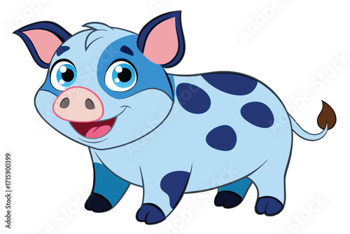 Smiling Cartoon Pig with Blue Spots on White Background