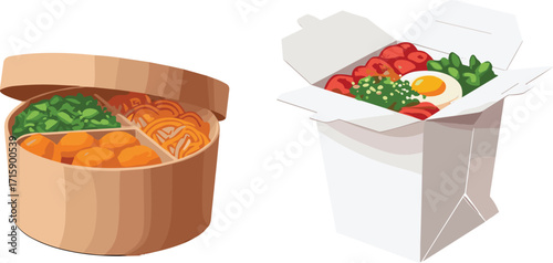 Asian food container illustration with noodles, vegetables, eggs, takeout box, bento lunch, healthy meal packaging, traditional cuisine vector art