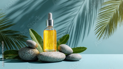 Golden serum bottle on smooth stones, tropical leaves