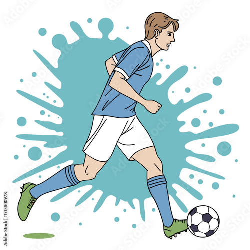 Vector illustration of soccer player dribbling a football with dynamic splash effect. Perfect for sports, tournament, training, athletic and football themed designs.