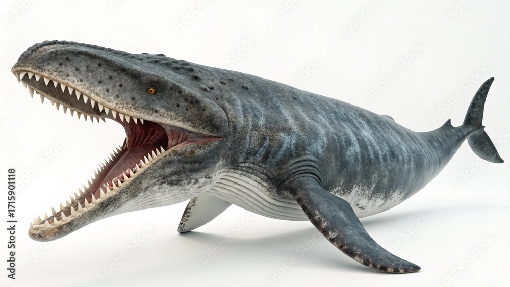 Fototapeta premium Realistic Livyatan, a massive prehistoric whale with sharp teeth and textured skin, displayed on a clean white studio background with sharp focus and professional studio lighting