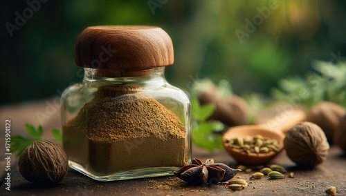 Glass spice jar filled with brown powder, wooden lid, beside nuts, seeds, and star anise