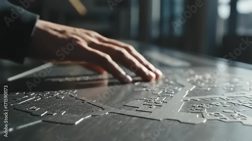 Close-up of Hand Interacting with Embossed Metal Map or Tactile Interface