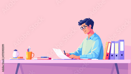 Illustration of a focused young man with glasses writing at an organized desk, concentrating on his work or studies