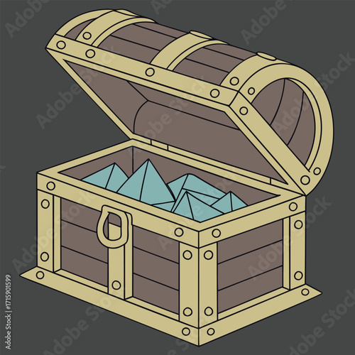 Open treasure chest filled with blue gems. Vector illustration of wealth, fortune, adventure, fantasy, and treasure hunt concept.