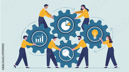 Vector art of teamwork and collaboration in business with gears and icons