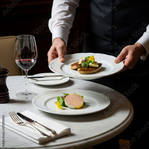 Service raffiné en restaurant gastronomique avec foie gras, vin rouge et présentation élégante des plats sophistiqués