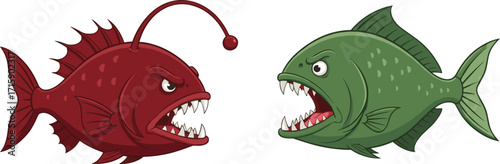 Cartoon angry fish illustration, red anglerfish character, green piranha monster, sharp teeth ocean predator, underwater wildlife drawing, aggressive aquatic animal art