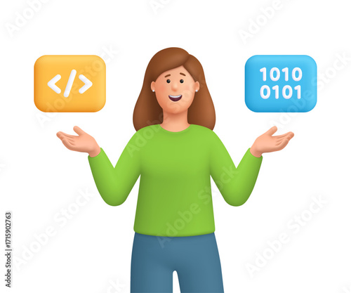 Young smiling woman Kate pointing to programming code and binary code symbol. Web development, programming language and coding concept. 3d vector people character. Cartoon minimal style.