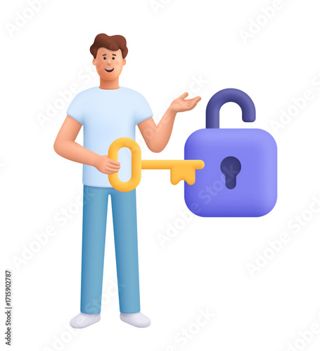 Young smiling man James holding golden key to unlock padlock. Unlock business accessibility, success, solutions. Security, safety, protection concept. 3d vector people character. Cartoon minimal style