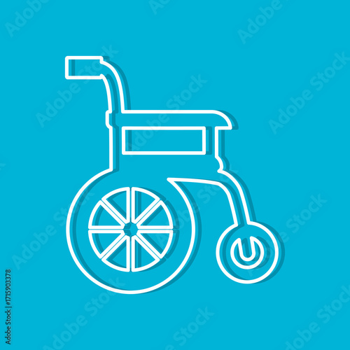 Wheelchair icon isolated on blue background. Simple flat design symbol of disability, healthcare, hospital equipment, and patient support. Suitable for medical, healthcare, rehabilitation.