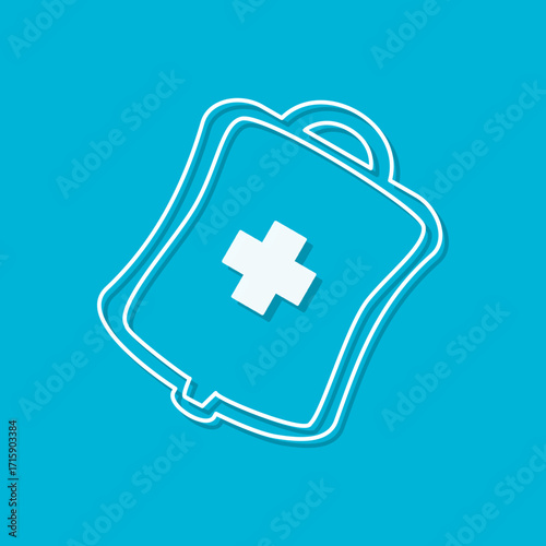 Blood bag icon isolated on blue background. Simple flat design of medical donation pouch, symbol of healthcare, transfusion, and hospital treatment. Suitable for medical, healthcare, clinic.