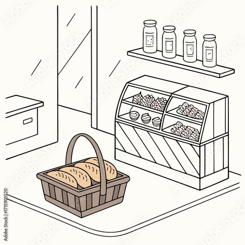 A charming hand drawn illustration of a bakery display with fresh bread in a basket and pastries in a glass case